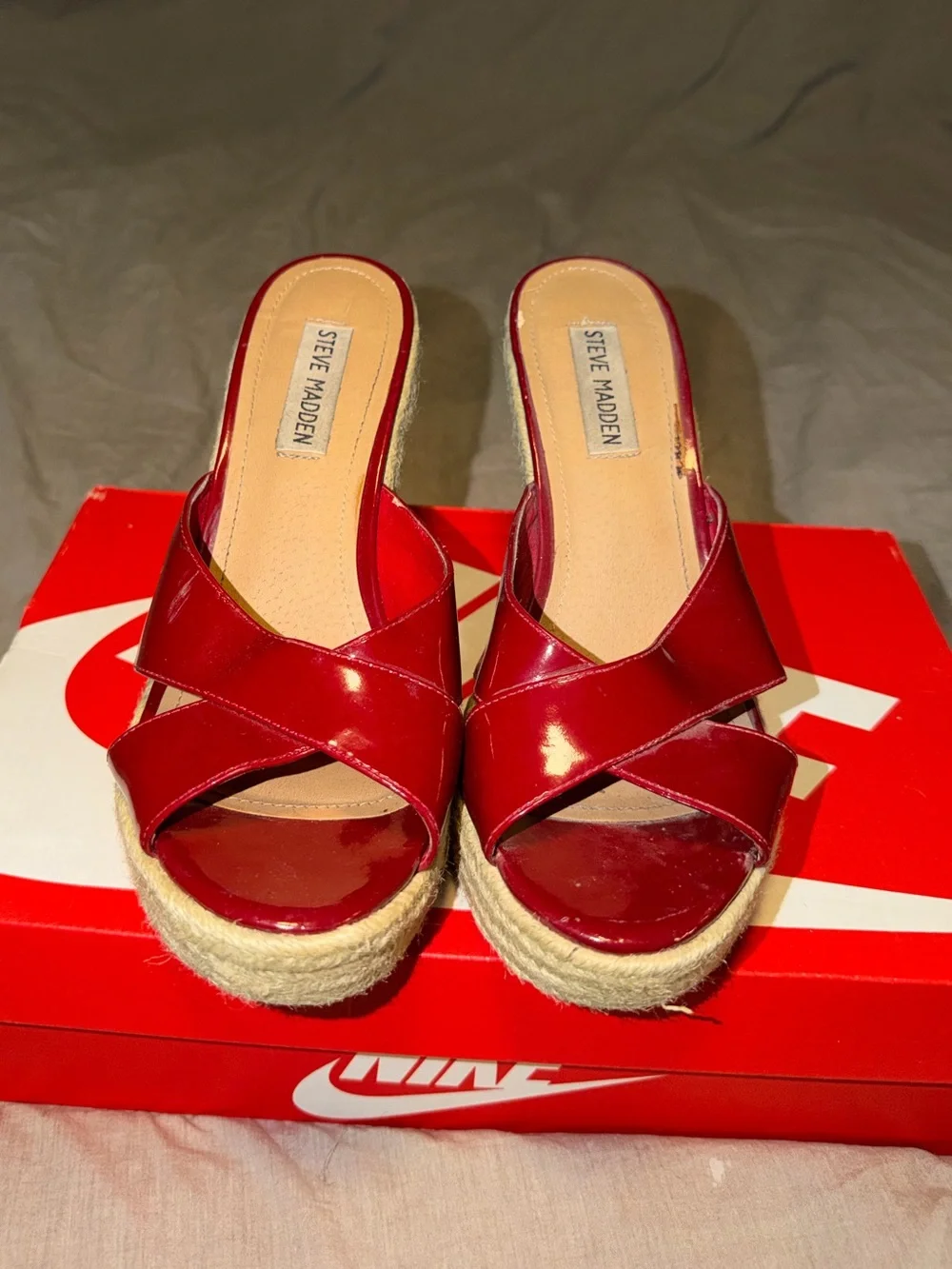 Steve Madden Platform Wedge Sandals Shiny Red & Wilma Natural straw Wicker
